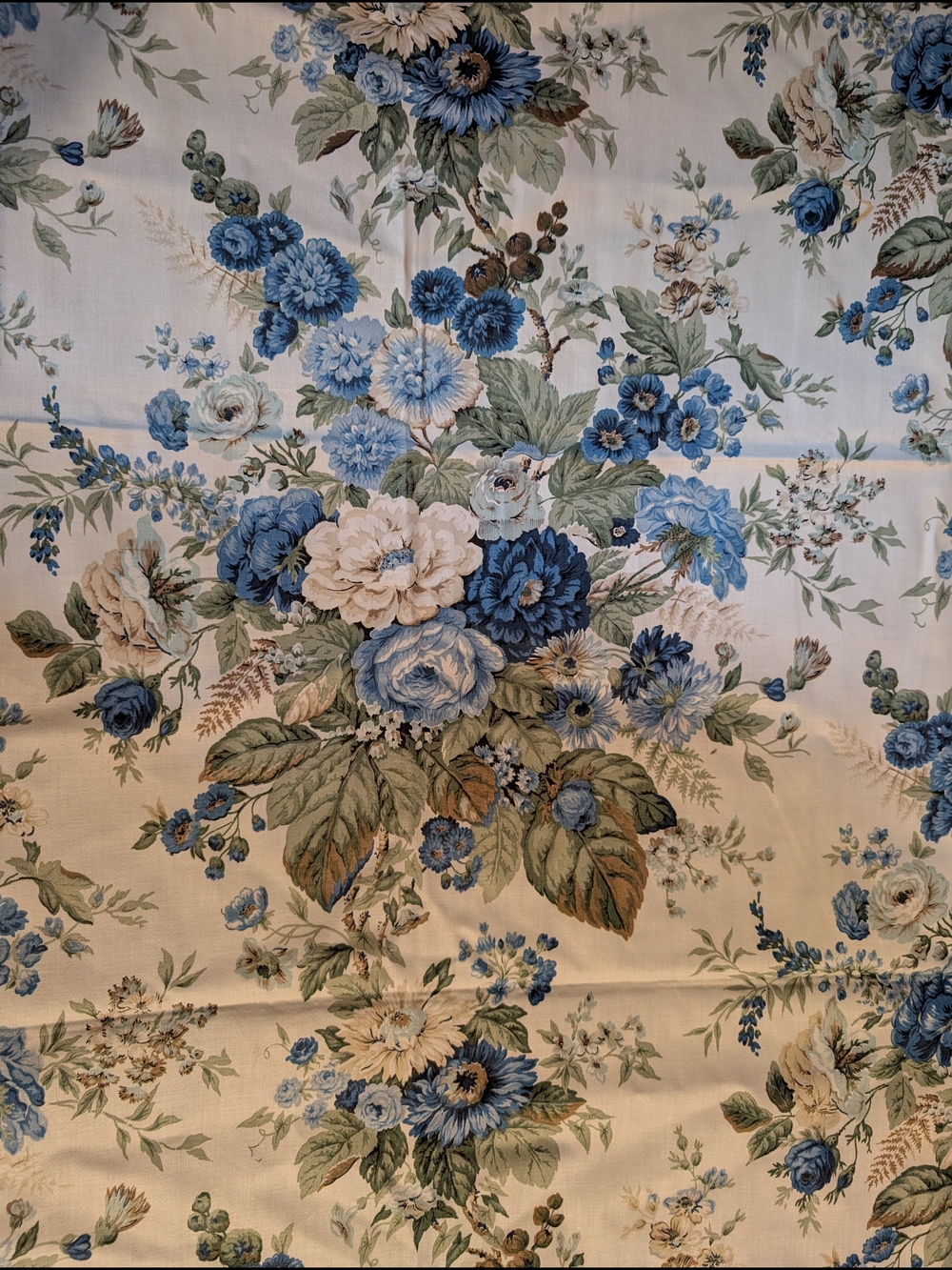 Vintage Floral Blue and Cream Decorative Fabric Yardage